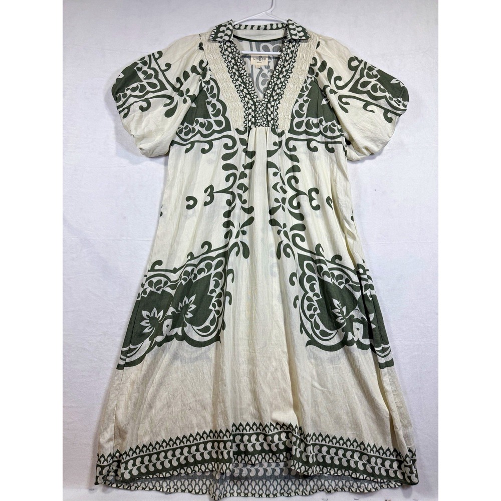 Umgee Ivory Green Floral V-Neck Puff Short Sleeve A-Line Midi Dress Size M